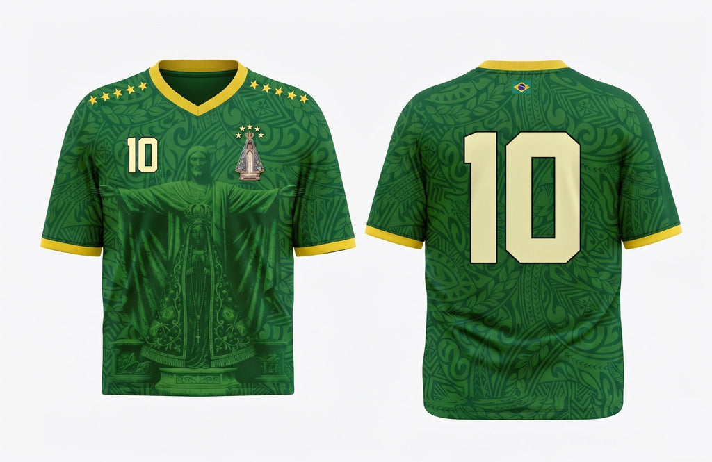 Front and back view of Brazil 1998 away jersey in forest green with Christ the Redeemer and Our Lady of Aparecida graphics by Varldens