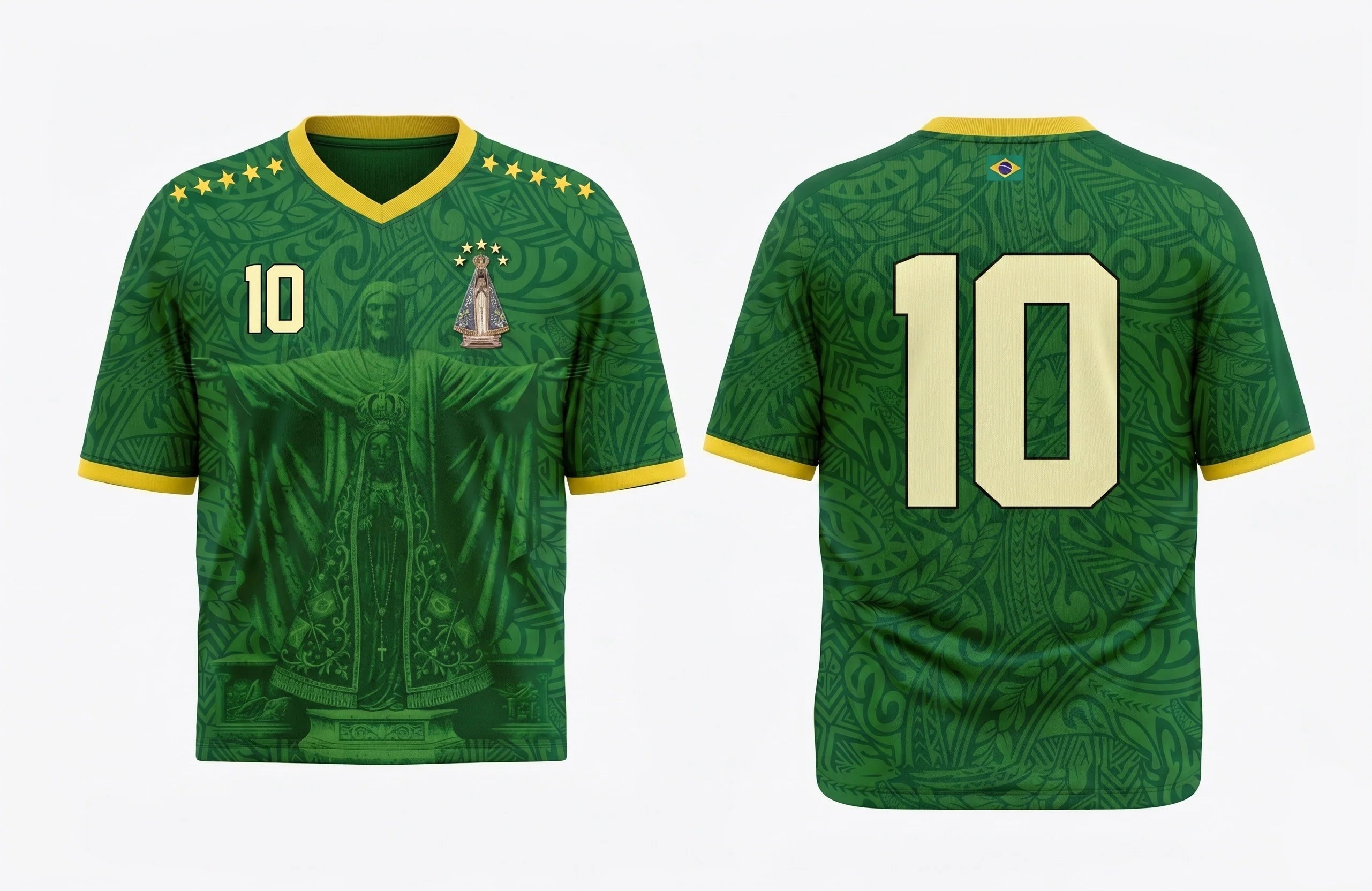 Front and back view of Brazil 1998 away jersey in forest green with Christ the Redeemer and Our Lady of Aparecida graphics by Varldens