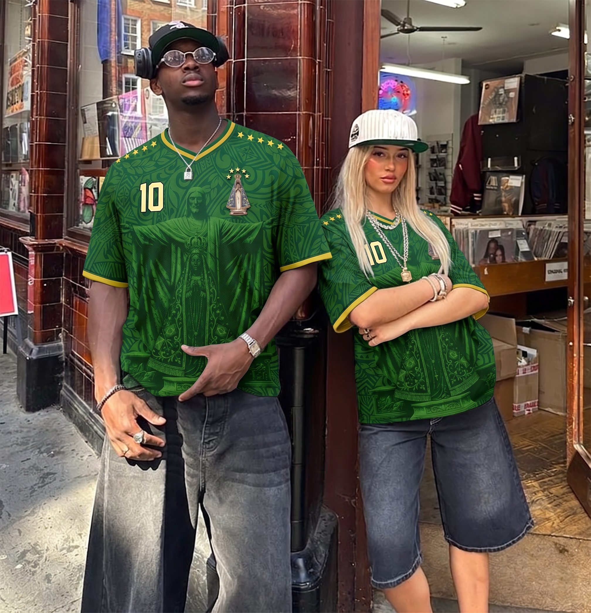 Front and back view of Brazil 1998 away jersey in forest green with Christ the Redeemer and Our Lady of Aparecida graphics