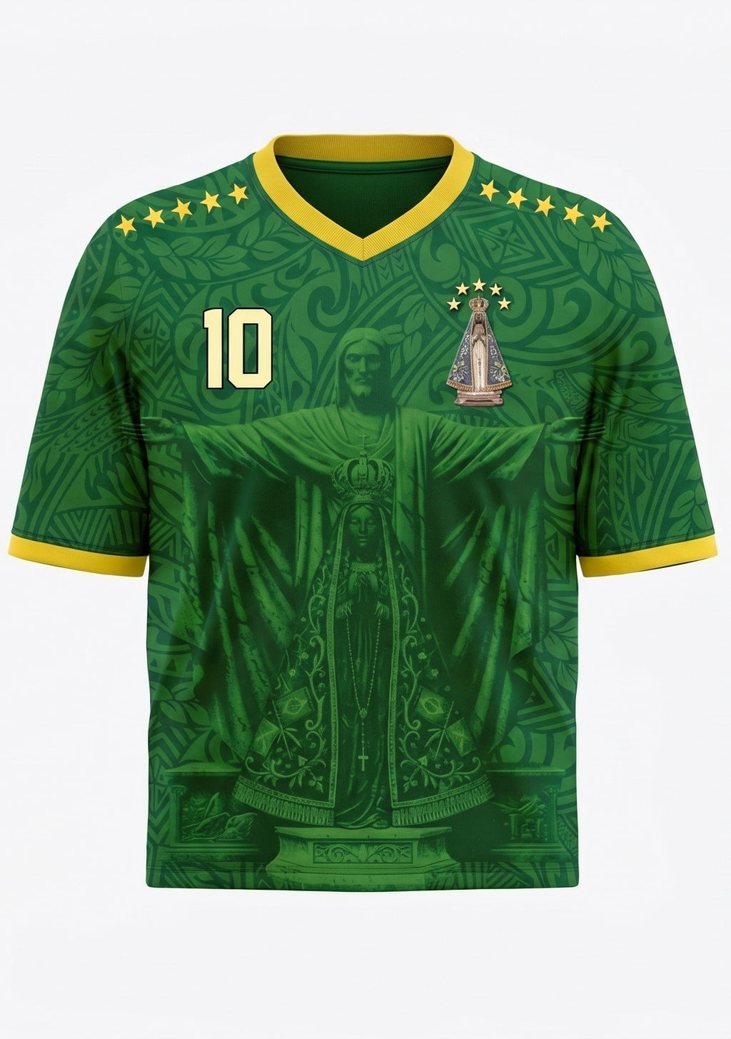 Front and back view of Brazil 1998 away jersey in forest green with Christ the Redeemer and Our Lady of Aparecida graphics