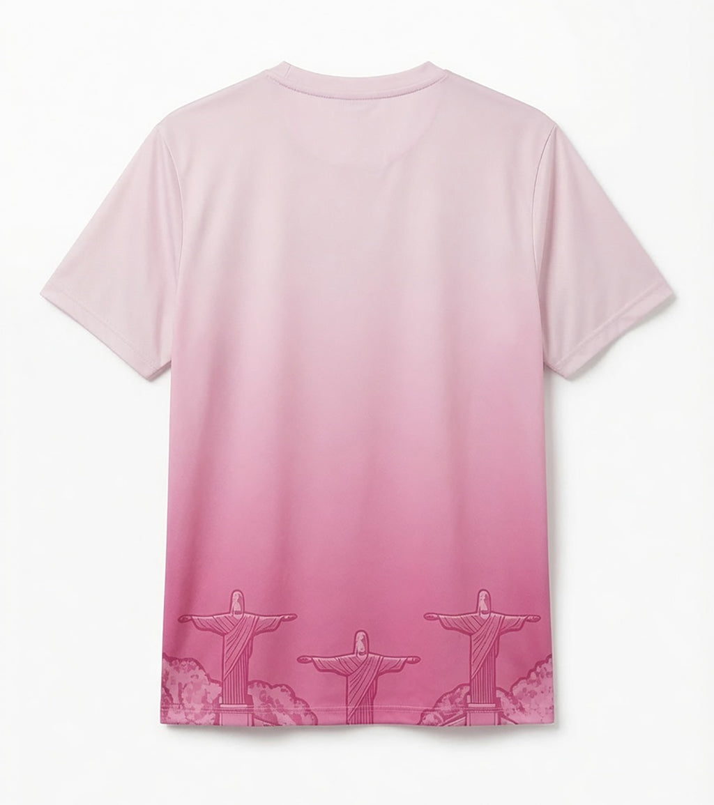 Front and back view of Brazil special edition jersey in pastel pink gradient with Christ the Redeemer mountain graphics