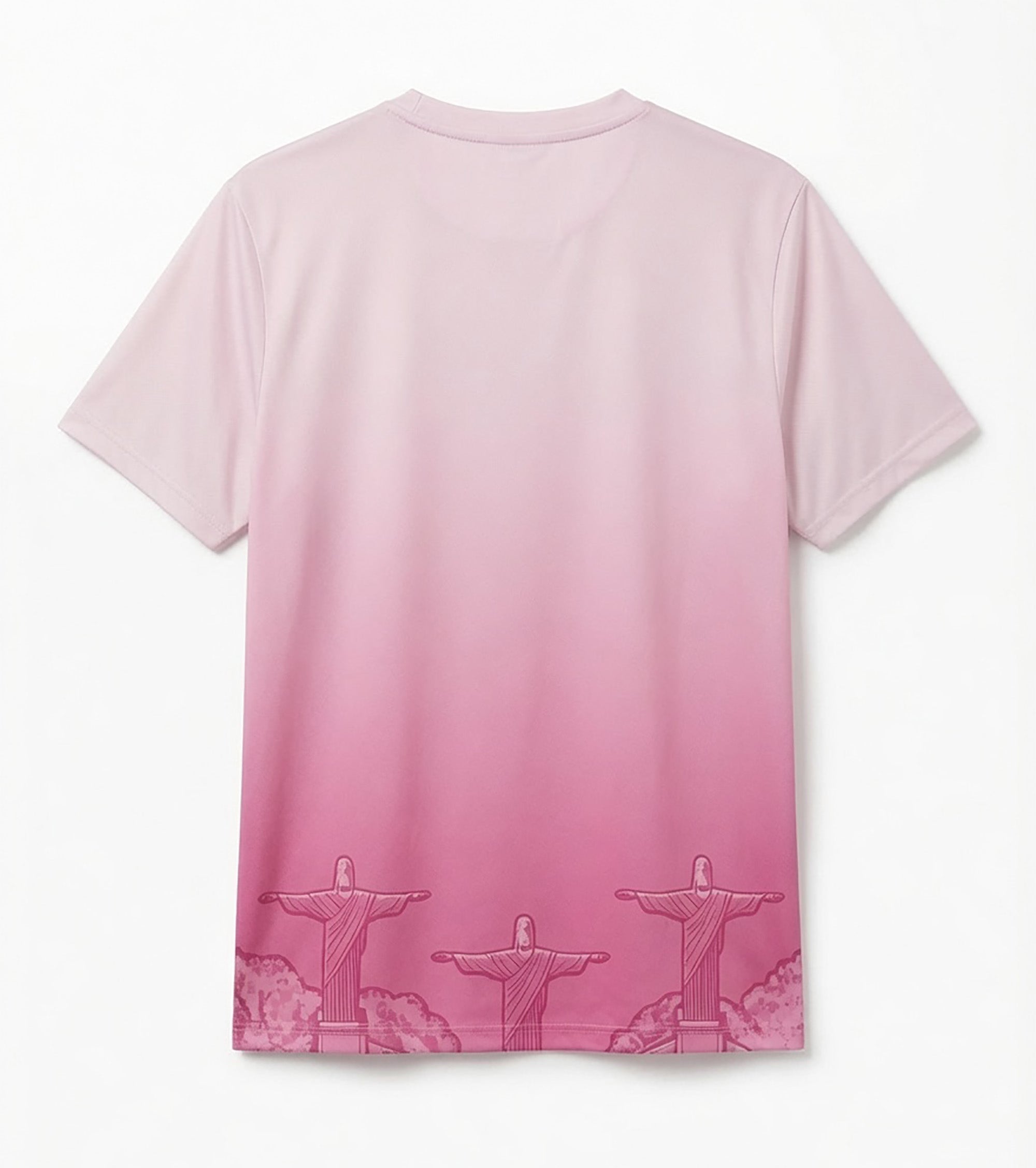 Front and back view of Brazil special edition jersey in pastel pink gradient with Christ the Redeemer mountain graphics