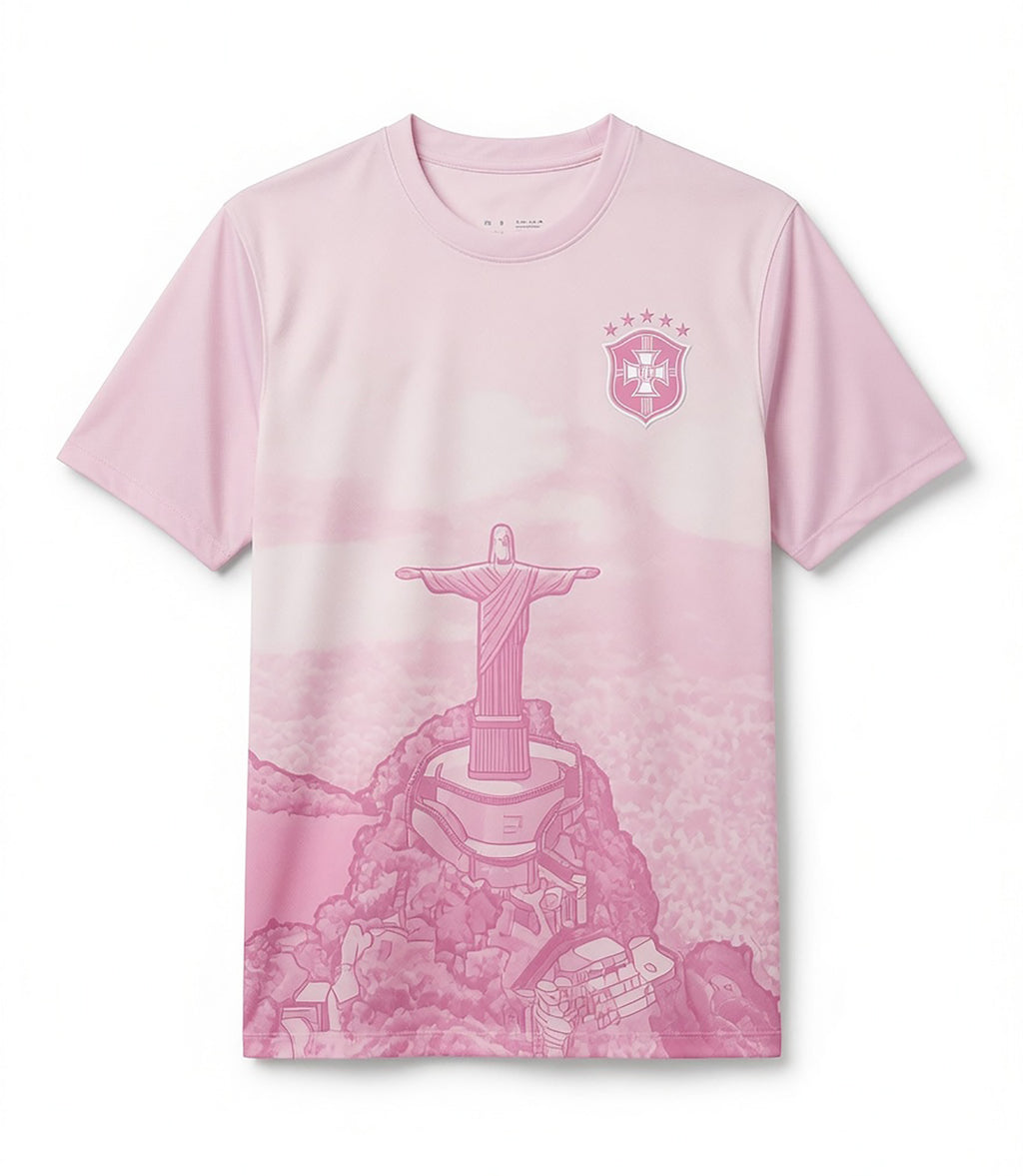 Front and back view of Brazil special edition jersey in pastel pink gradient with Christ the Redeemer mountain graphics