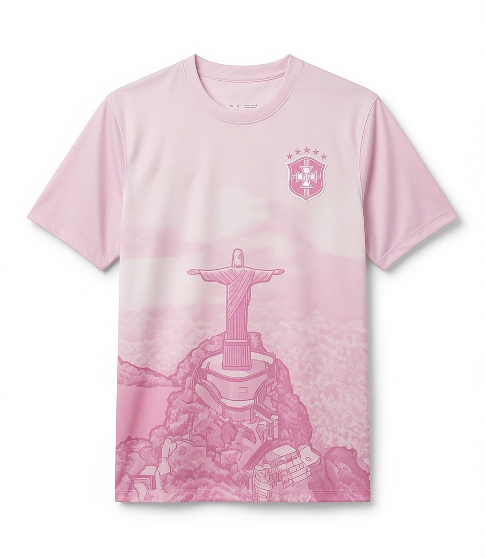 Front and back view of Brazil special edition jersey in pastel pink gradient with Christ the Redeemer mountain graphics
