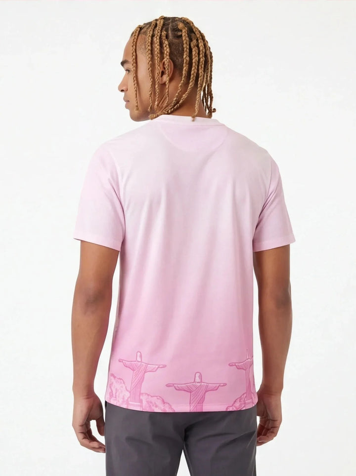 Front and back view of Brazil special edition jersey in pastel pink gradient with Christ the Redeemer mountain graphics