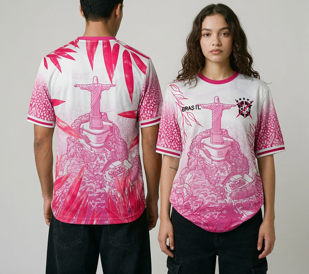 Front and back view of Brazil special edition jersey in pink and white with Christ the Redeemer graphics and tropical leaf motifs