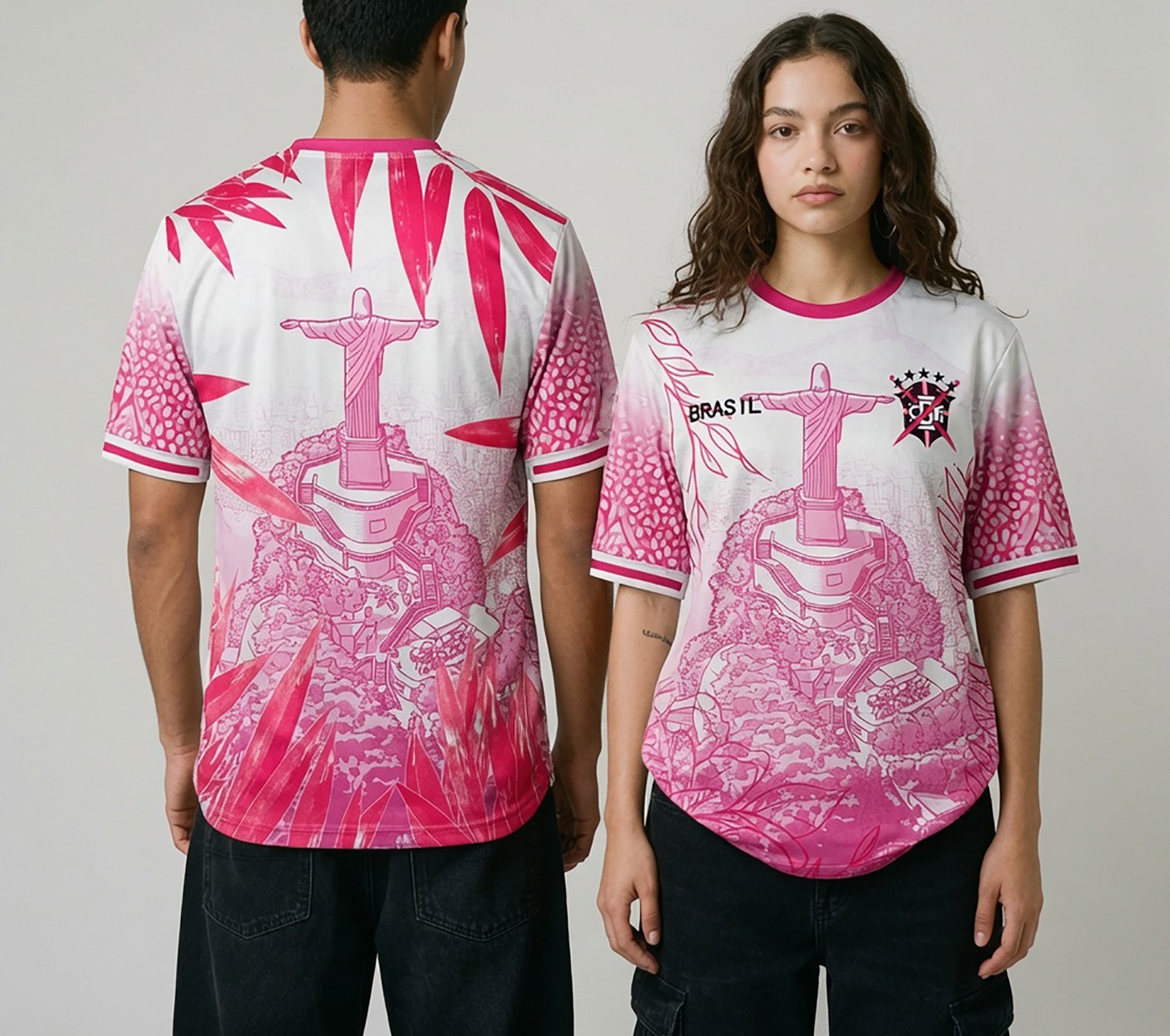 Front and back view of Brazil special edition jersey in pink and white with Christ the Redeemer graphics and tropical leaf motifs