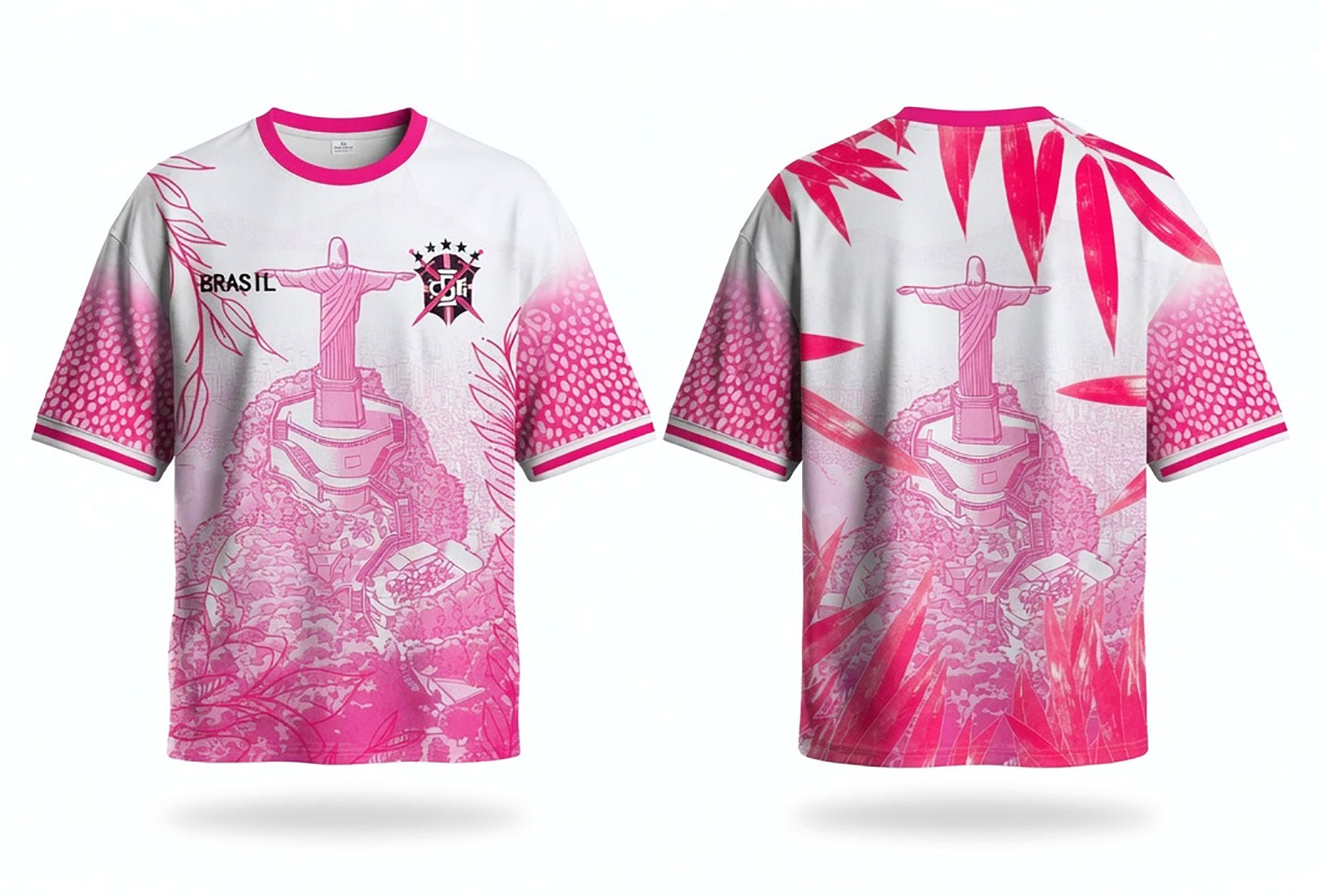 Front and back view of Brazil special edition jersey in pink and white with Christ the Redeemer graphics and tropical leaf motifs