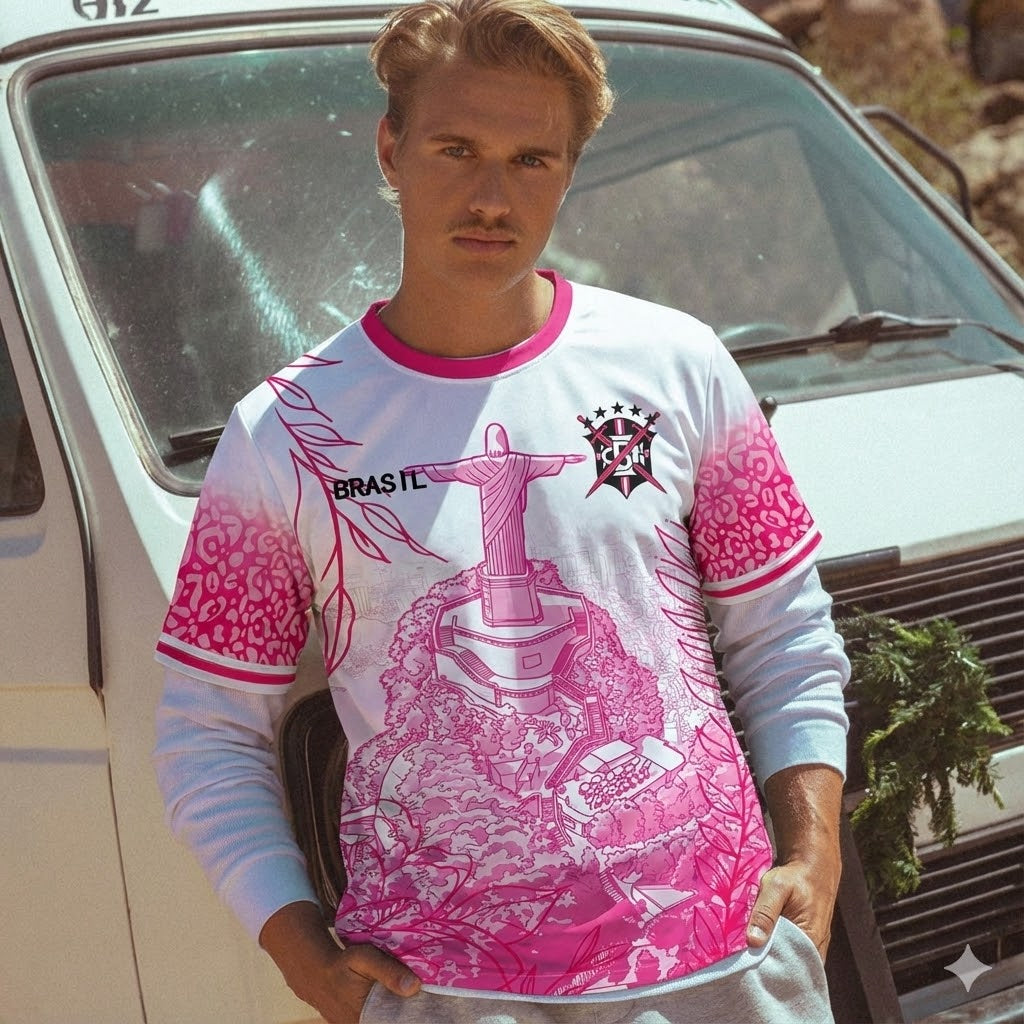 Front and back view of Brazil special edition jersey in pink and white with Christ the Redeemer graphics and tropical leaf motifs