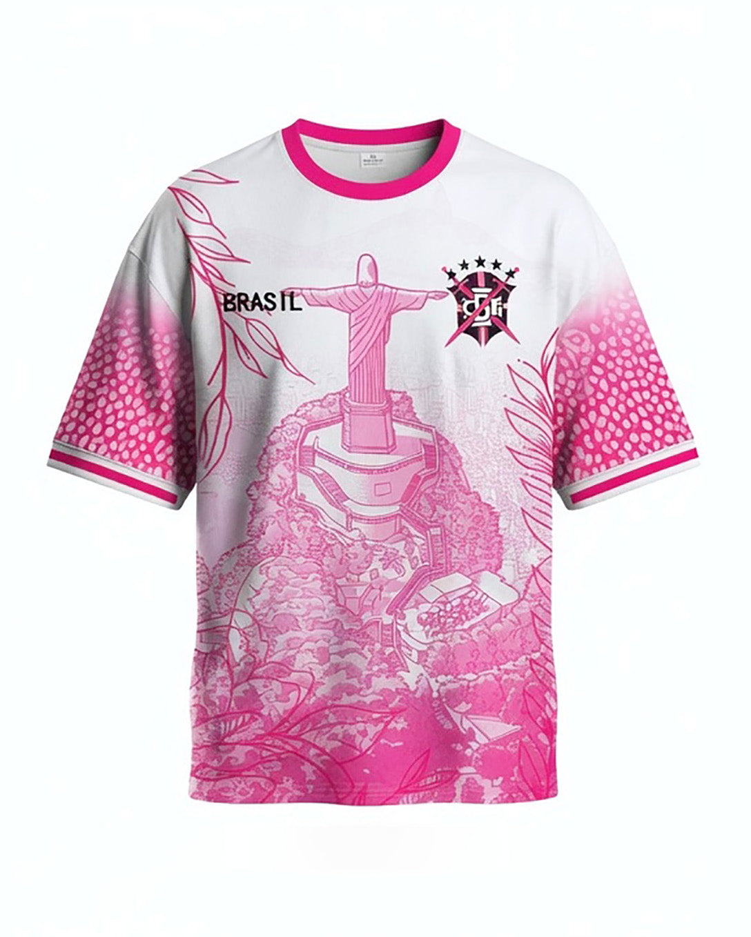 Front and back view of Brazil special edition jersey in pink and white with Christ the Redeemer graphics and tropical leaf motifs