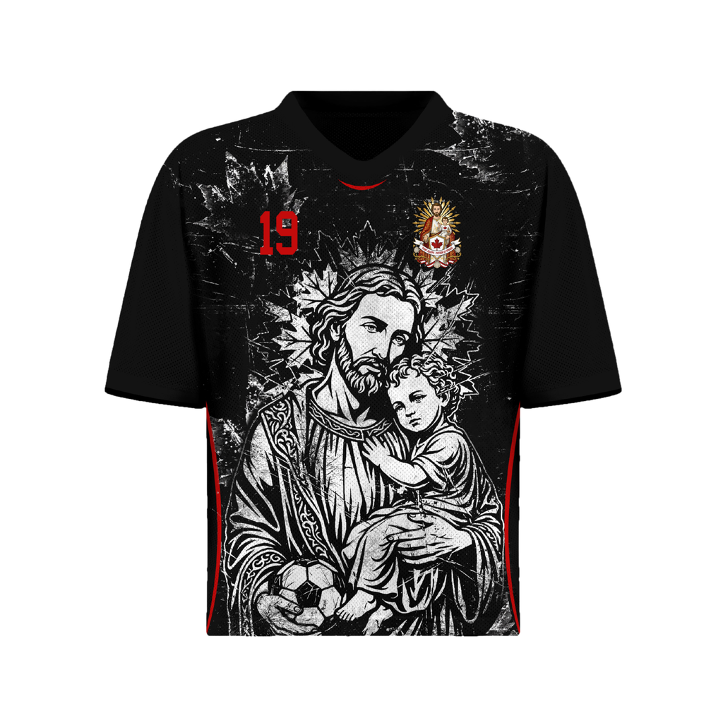 Front and back view of Canada 2026 away jersey in black with Saint Joseph and distressed grunge maple leaf motifs