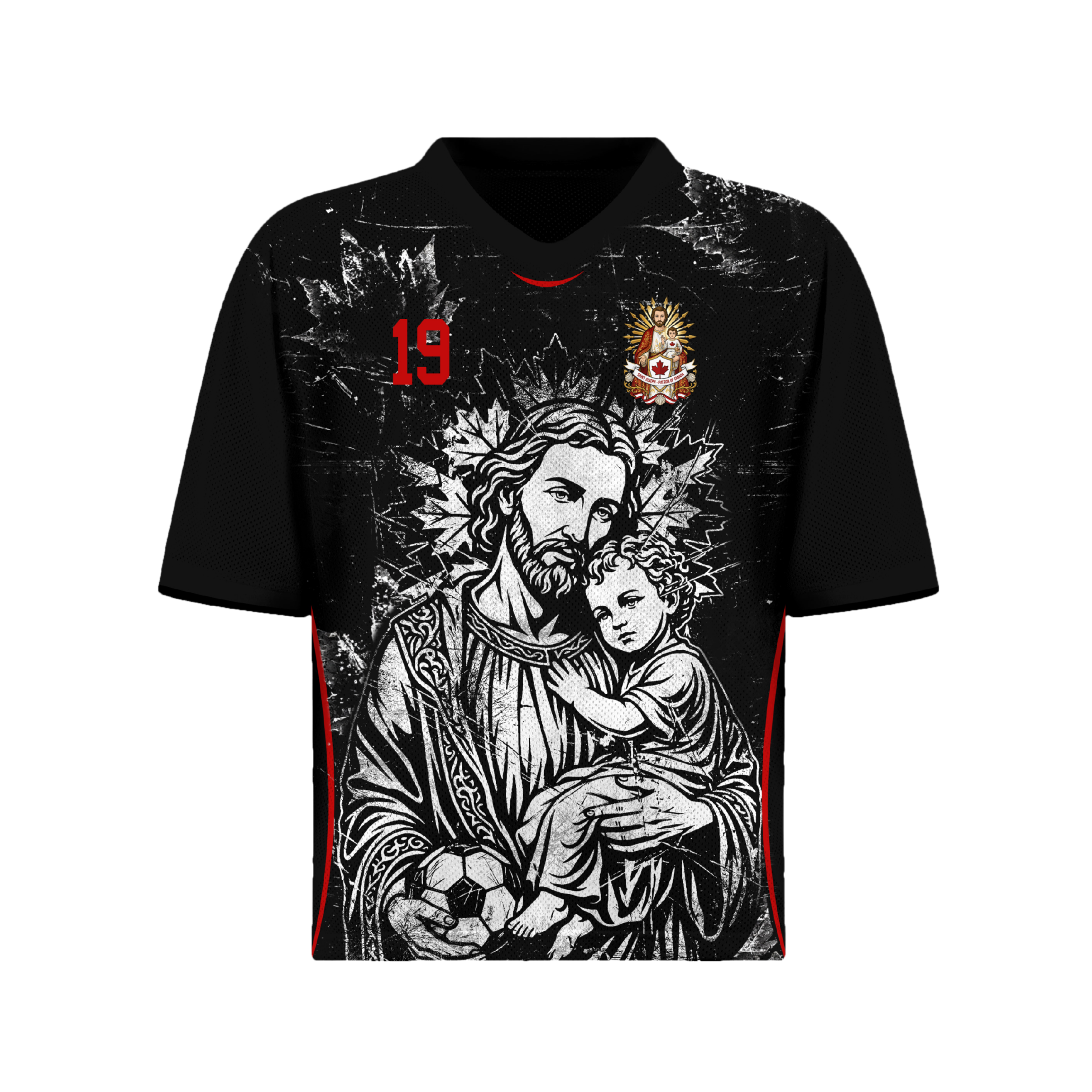 Front and back view of Canada 2026 away jersey in black with Saint Joseph and distressed grunge maple leaf motifs