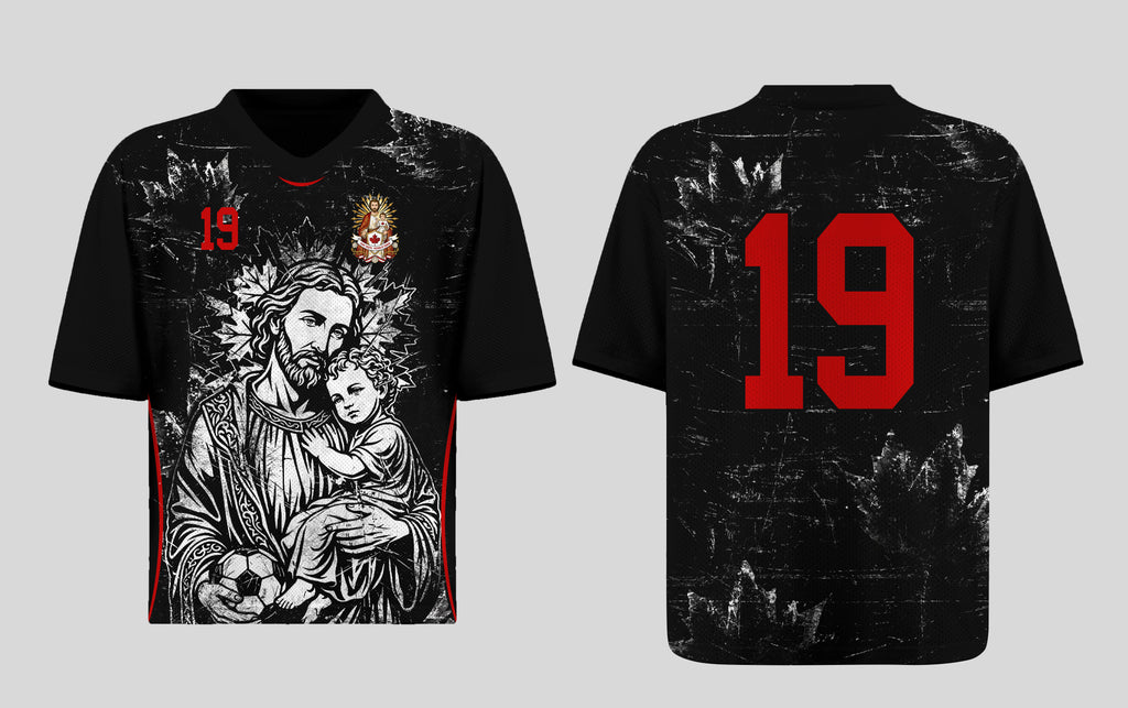Front and back view of Canada 2026 away jersey in black with Saint Joseph and distressed grunge maple leaf motifs