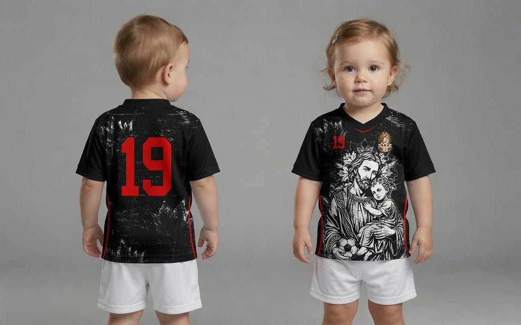 Front and back view of Canada 2026 away jersey in black with Saint Joseph and distressed grunge maple leaf motifs