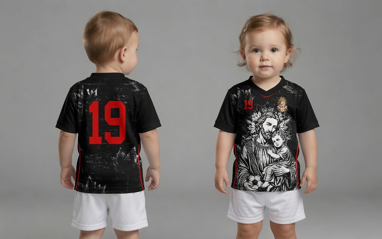 Front and back view of Canada 2026 away jersey in black with Saint Joseph and distressed grunge maple leaf motifs