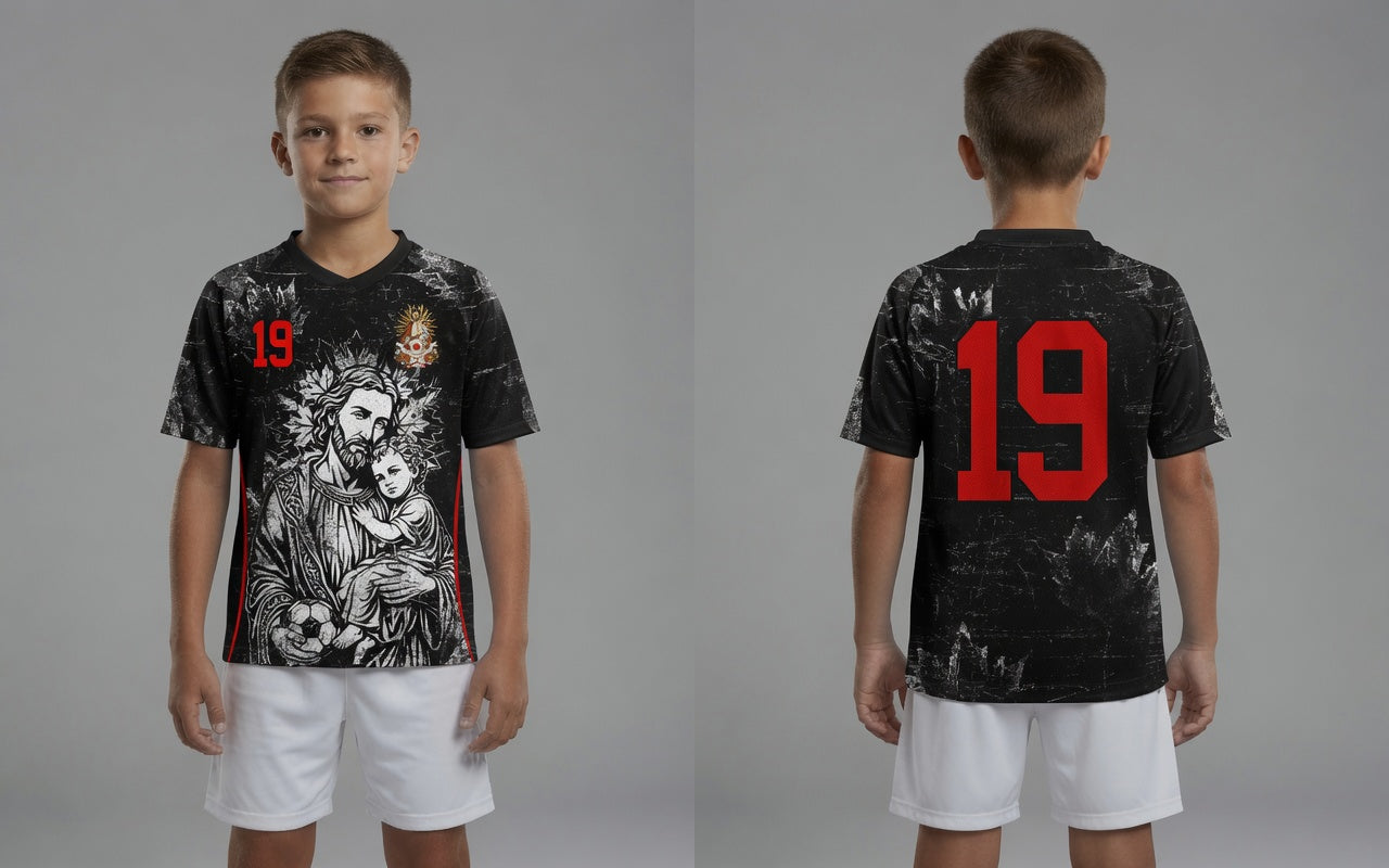 Front and back view of Canada 2026 away jersey in black with Saint Joseph and distressed grunge maple leaf motifs