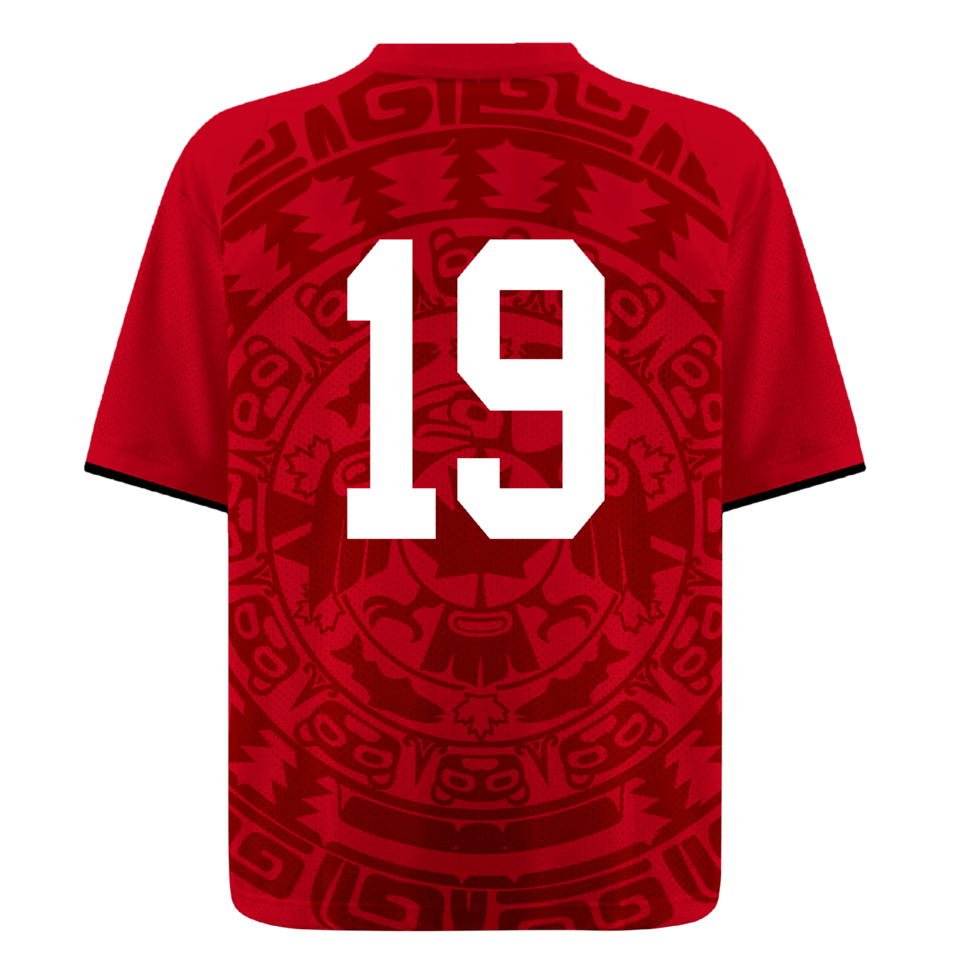 Front and back view of Canada 2026 home jersey in red with Saint Joseph and sublimated maple leaf totem motifs