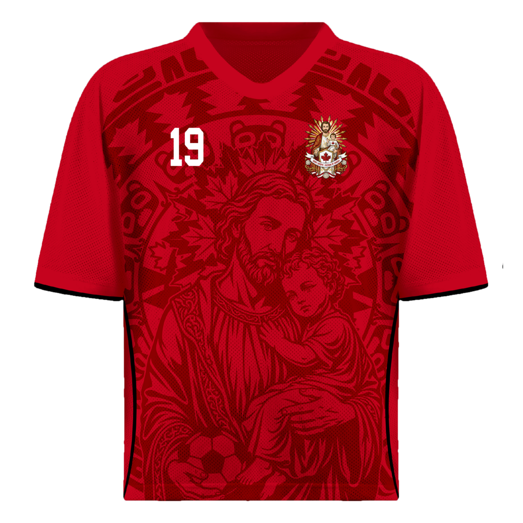 Front and back view of Canada 2026 home jersey in red with Saint Joseph and sublimated maple leaf totem motifs