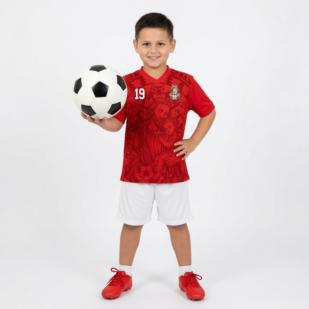 Front and back view of Canada 2026 home jersey in red with Saint Joseph and sublimated maple leaf totem motifs by Varldens