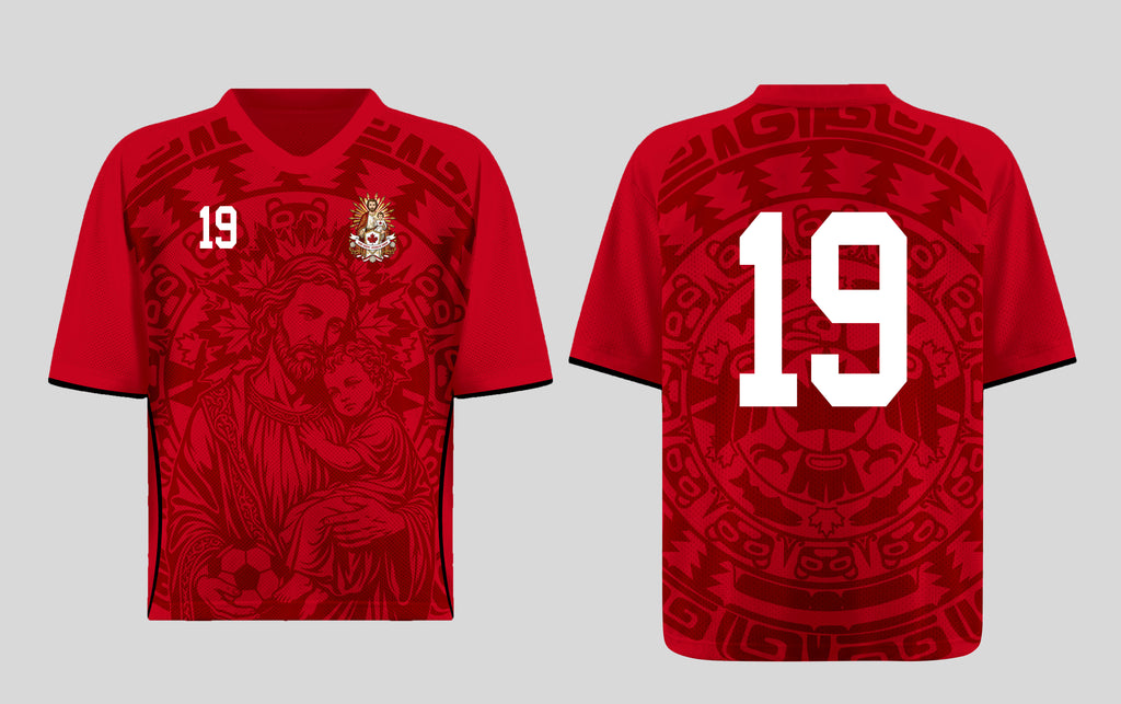 Front and back view of Canada 2026 home jersey in red with Saint Joseph and sublimated maple leaf totem motifs