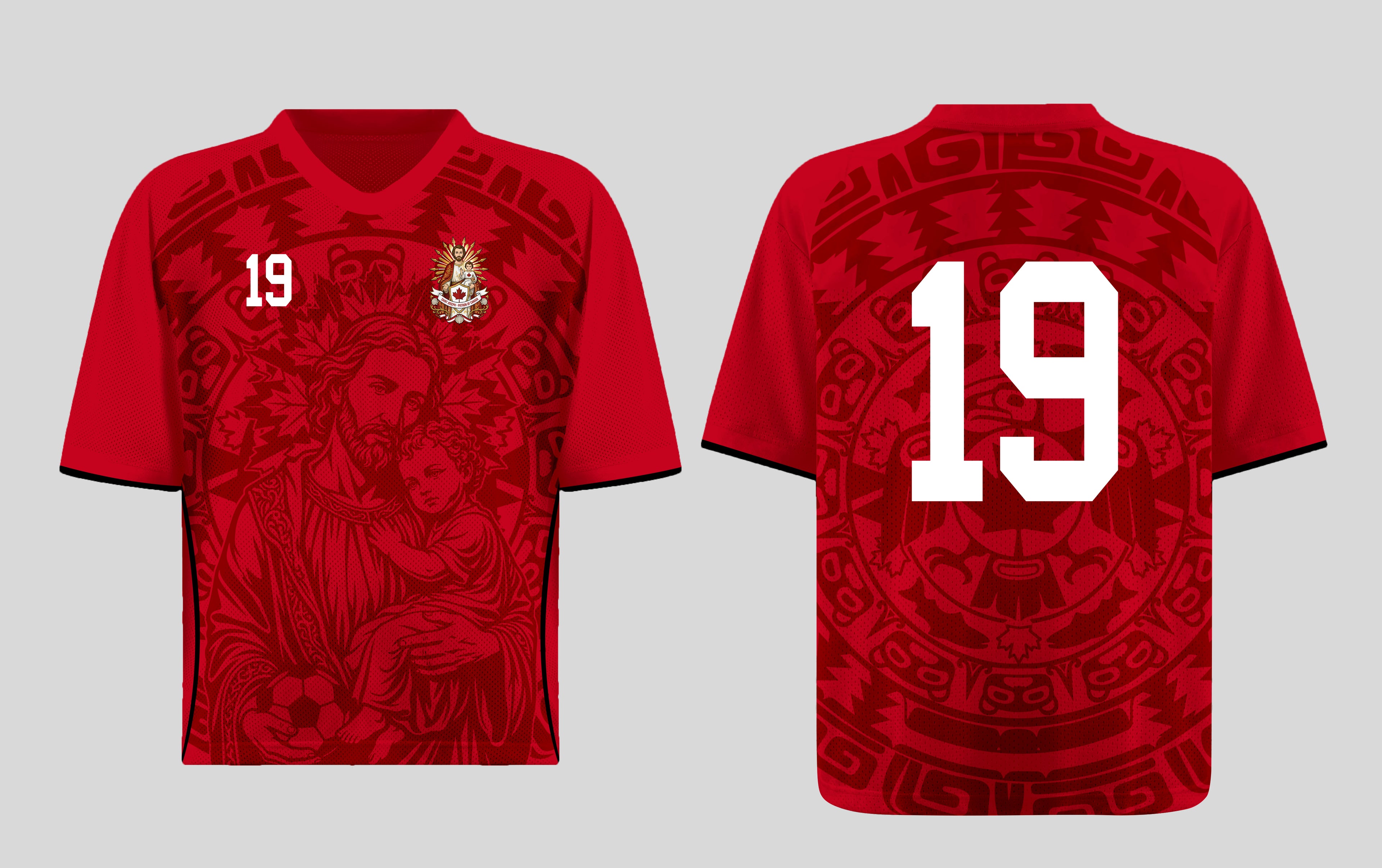 Front and back view of Canada 2026 home jersey in red with Saint Joseph and sublimated maple leaf totem motifs