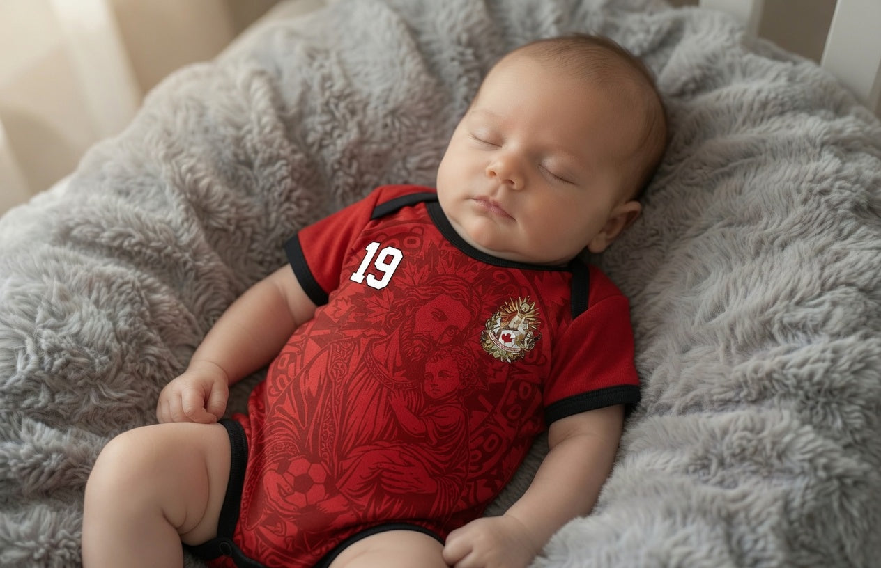 Front and back view of Canada 2026 home jersey in red with Saint Joseph and sublimated maple leaf totem motifs