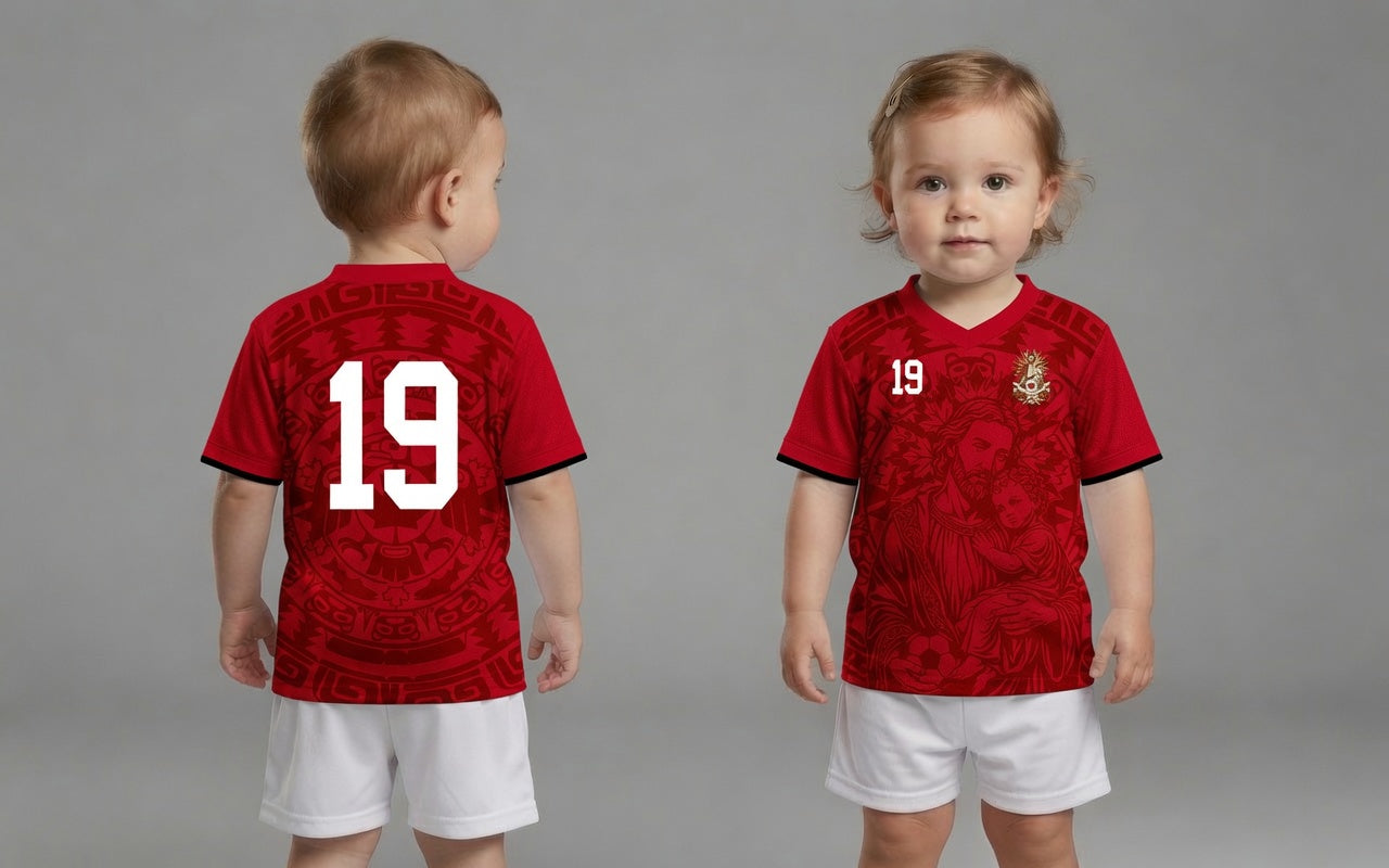 Front and back view of Canada 2026 home jersey in red with Saint Joseph and sublimated maple leaf totem motifs