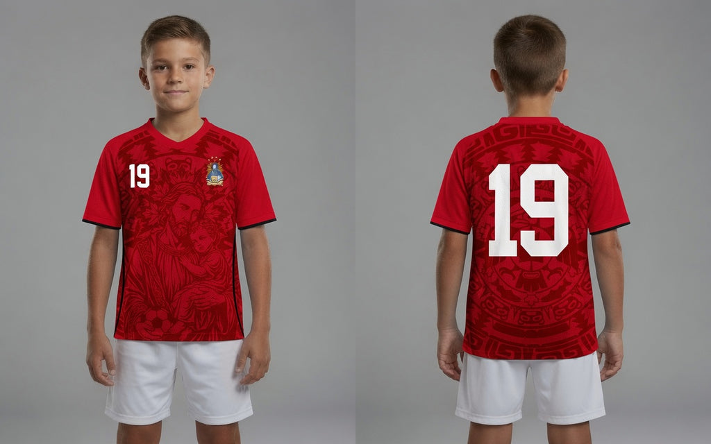 Front and back view of Canada 2026 home jersey in red with Saint Joseph and sublimated maple leaf totem motifs