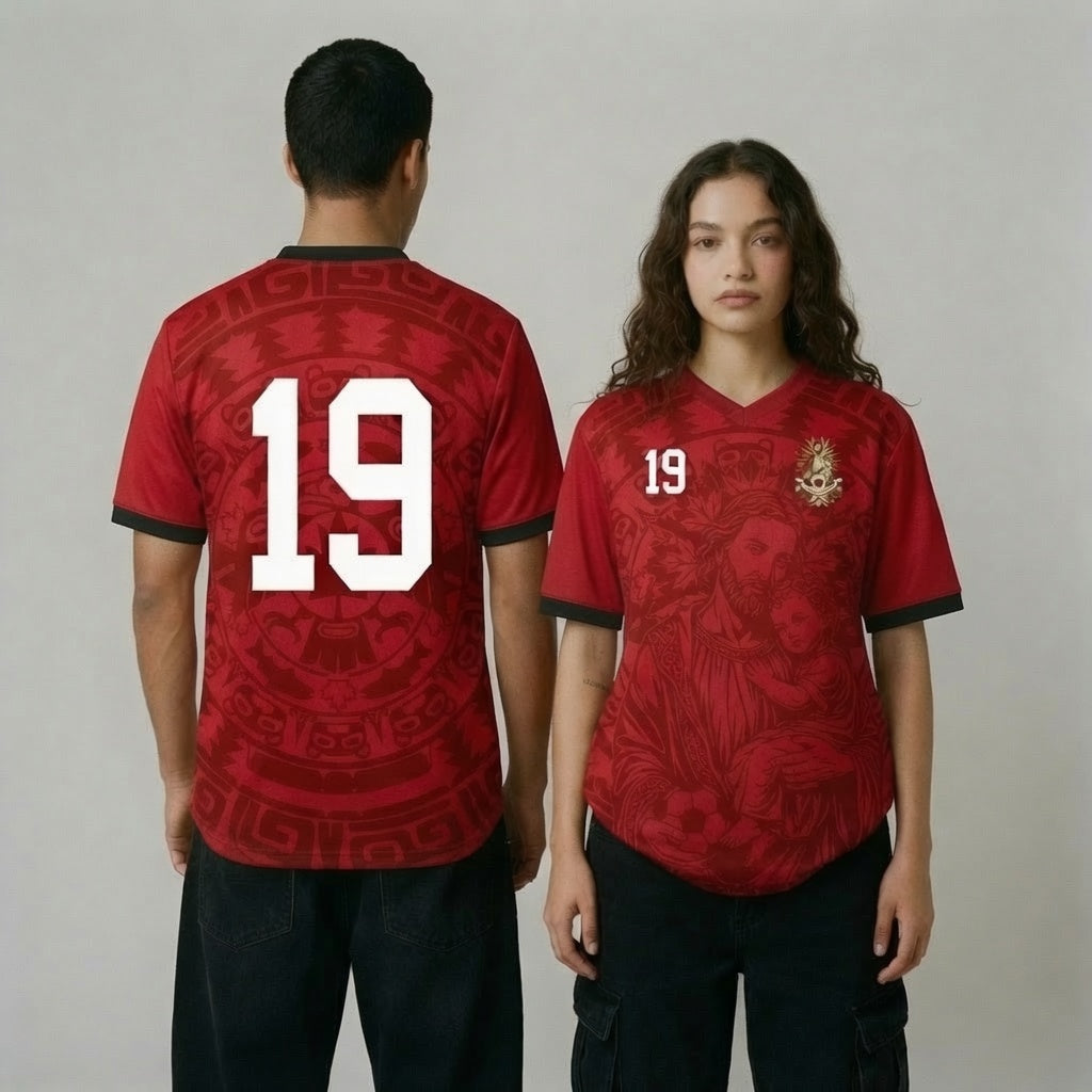 Front and back view of Canada 2026 home jersey in red with Saint Joseph and sublimated maple leaf totem motifs