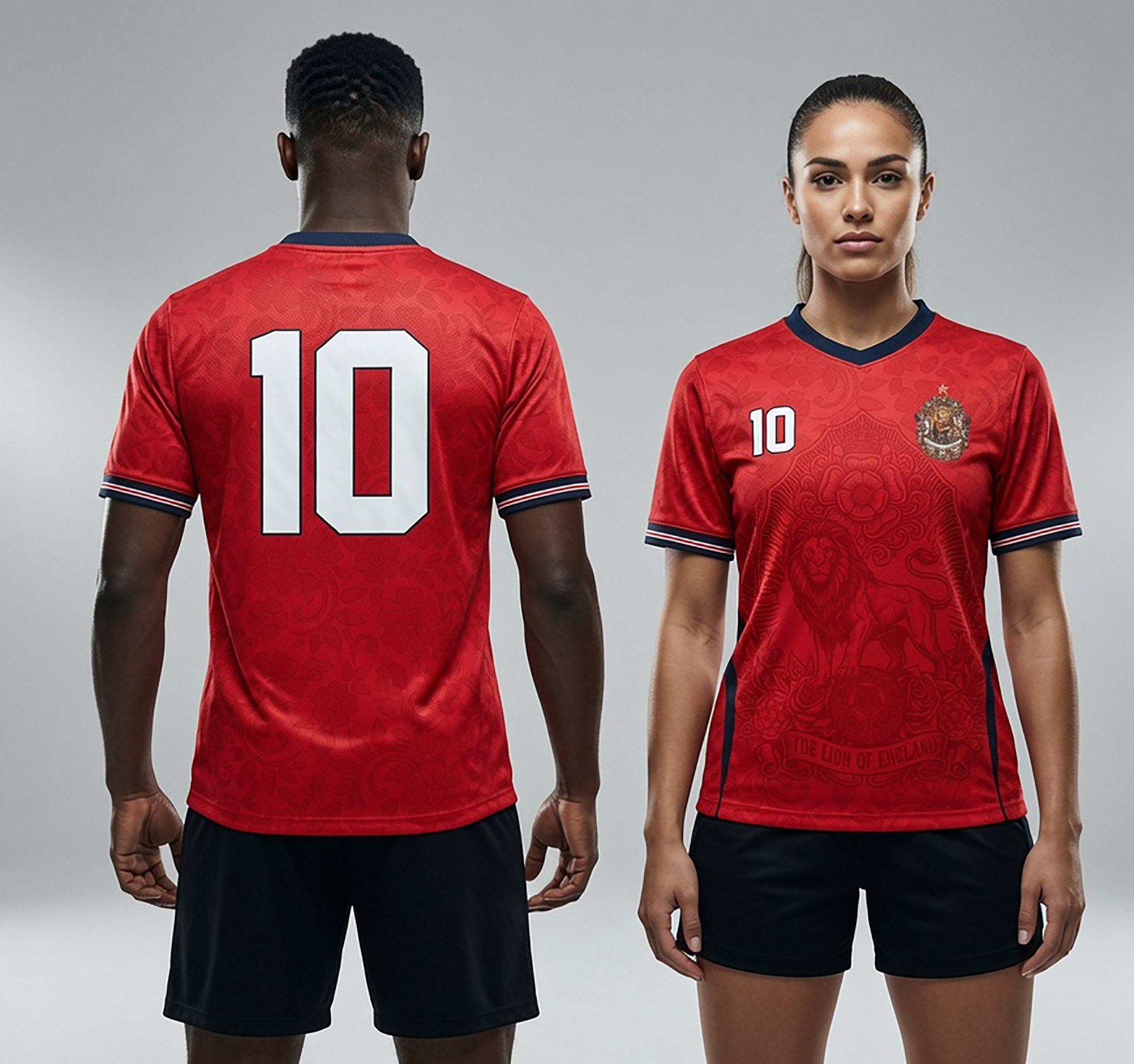Front and back view of England 2026 away jersey in red with The Lion of England and baroque floral motifs