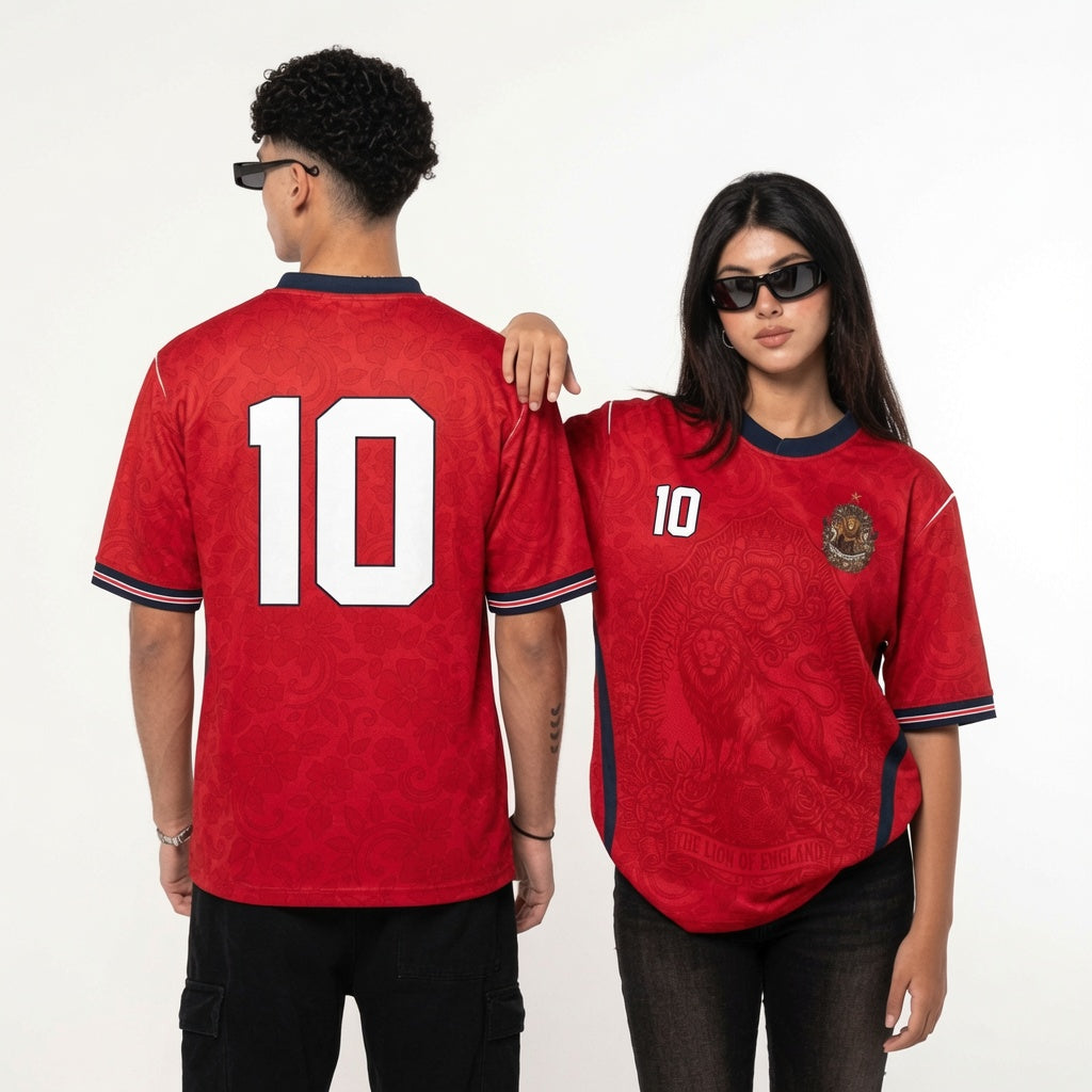 Front and back view of England 2026 away jersey in red with The Lion of England and baroque floral motifs