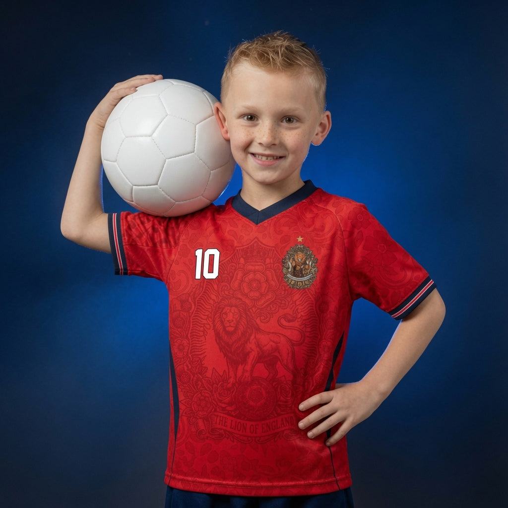 Front and back view of England 2026 away jersey in red with The Lion of England and baroque floral motifs