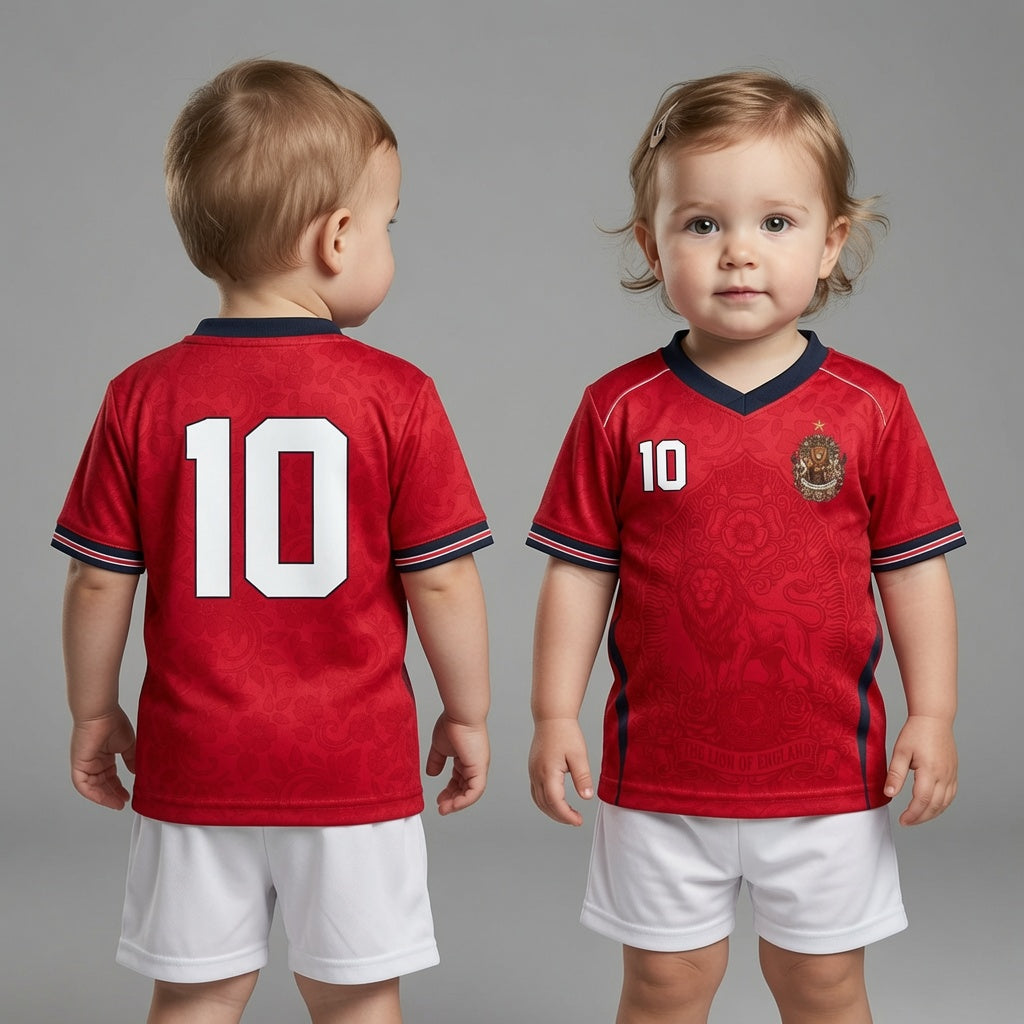 Front and back view of England 2026 away jersey in red with The Lion of England and baroque floral motifs