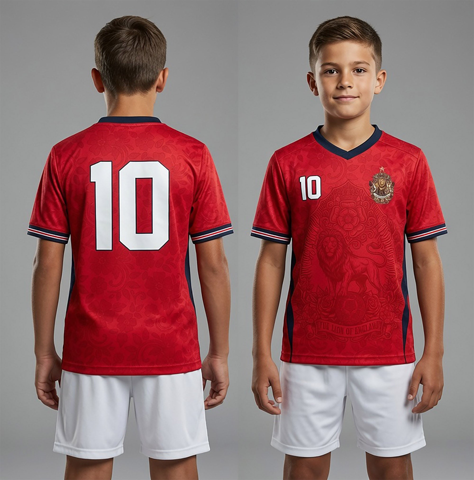 Front and back view of England 2026 away jersey in red with The Lion of England and baroque floral motifs