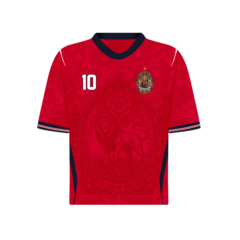 Front and back view of England 2026 away jersey in red with The Lion of England and baroque floral motifs
