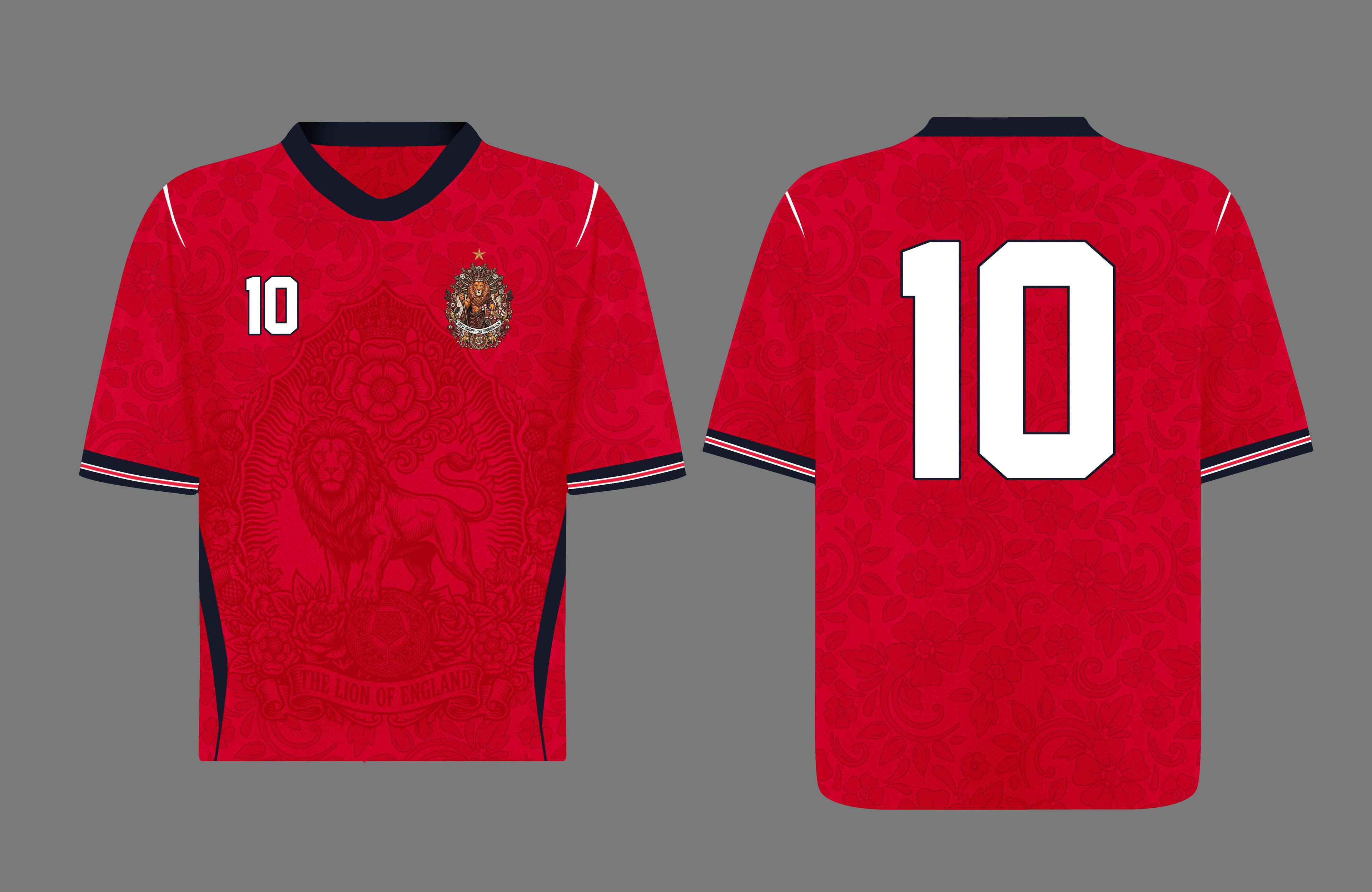 Front and back view of England 2026 away jersey in red with The Lion of England and baroque floral motifs