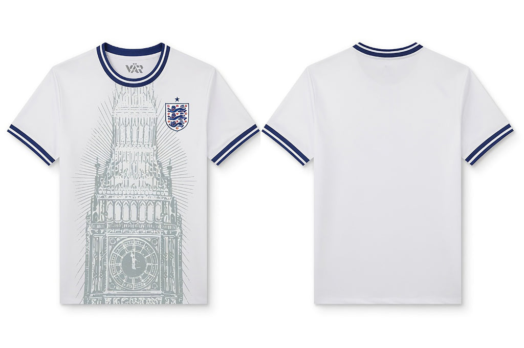 Front and back view of England 2026 home jersey in white with Big Ben tower graphics and navy striped trims