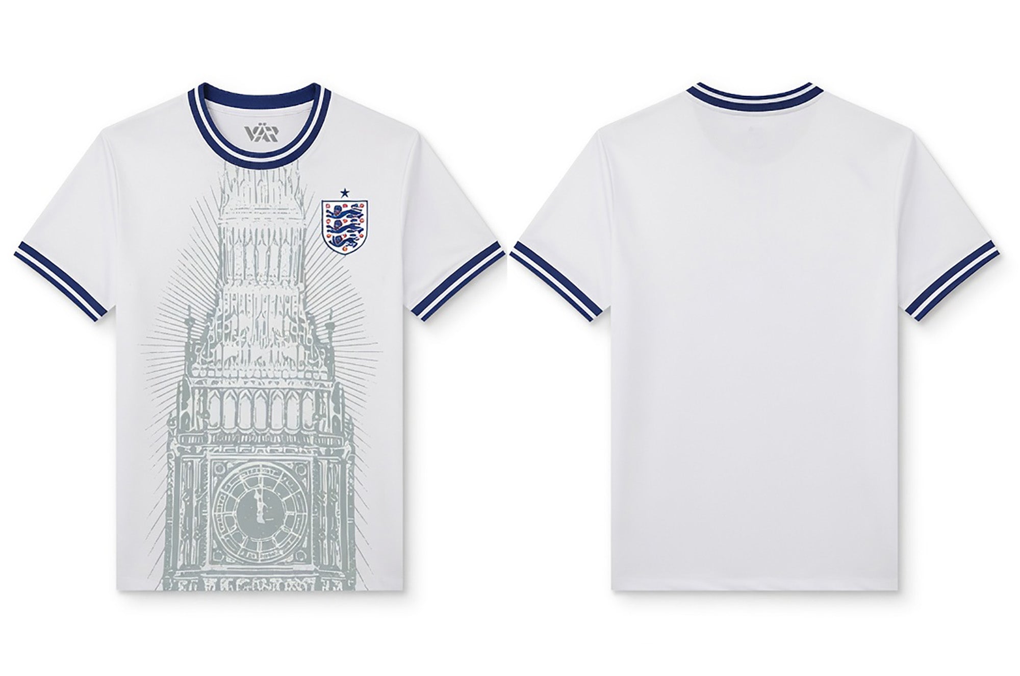 Front and back view of England 2026 home jersey in white with Big Ben tower graphics and navy striped trims