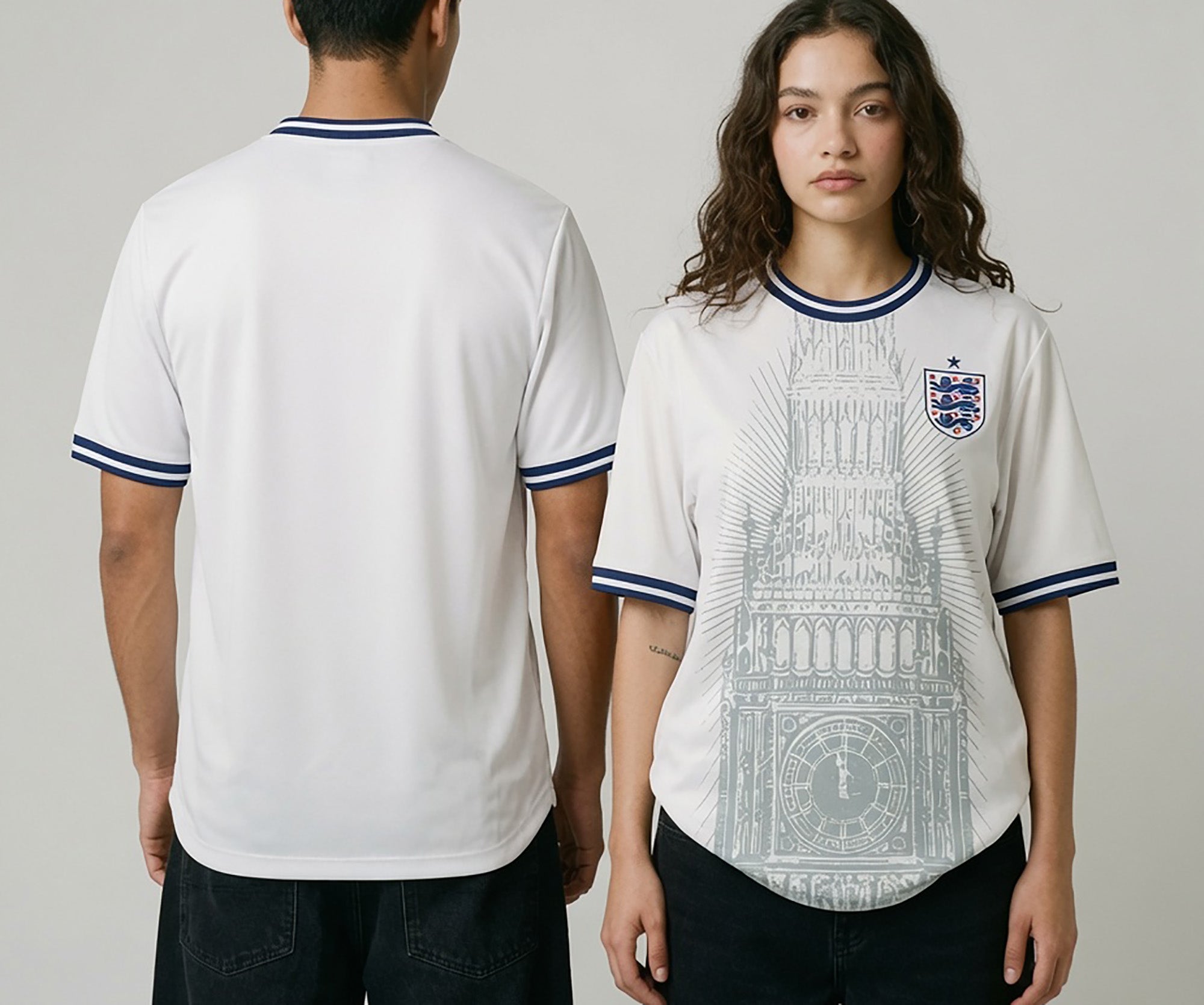 Front and back view of England 2026 home jersey in white with Big Ben tower graphics and navy striped trims
