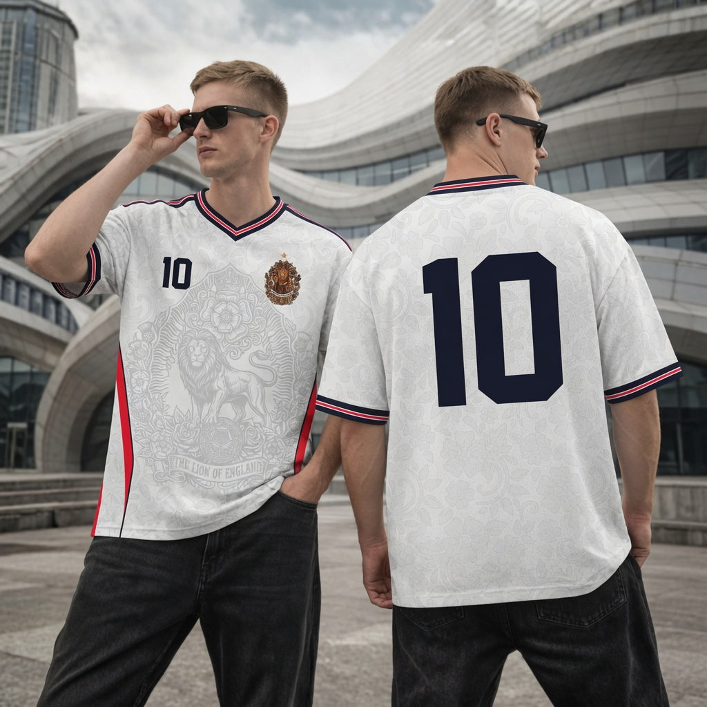 Front and back view of England 2026 home jersey in white with The Lion of England and baroque floral motifs