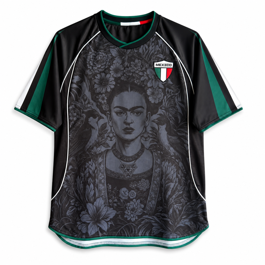 Varldens Mexico Frida Kahlo Aztec Heritage 2027 Away Jersey featuring monochrome Azteca ball graphics and dark aesthetic.
