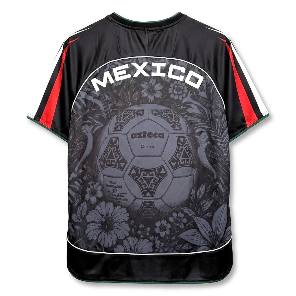 Varldens Mexico Frida Kahlo Aztec Heritage 2027 Away Jersey featuring monochrome Azteca ball graphics and dark aesthetic.