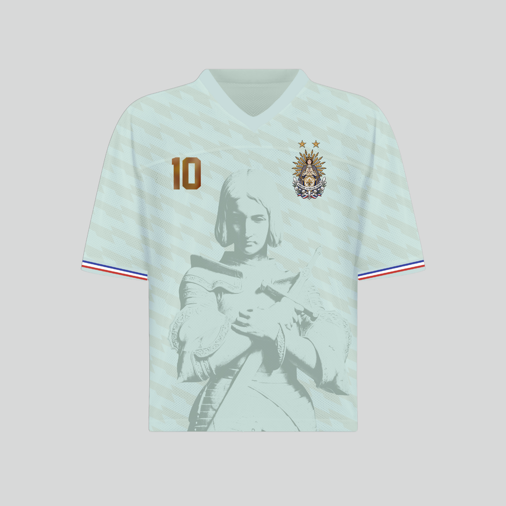 Front and back view of France 2026 away jersey in white with Joan of Arc graphics and bronze gold number 10
