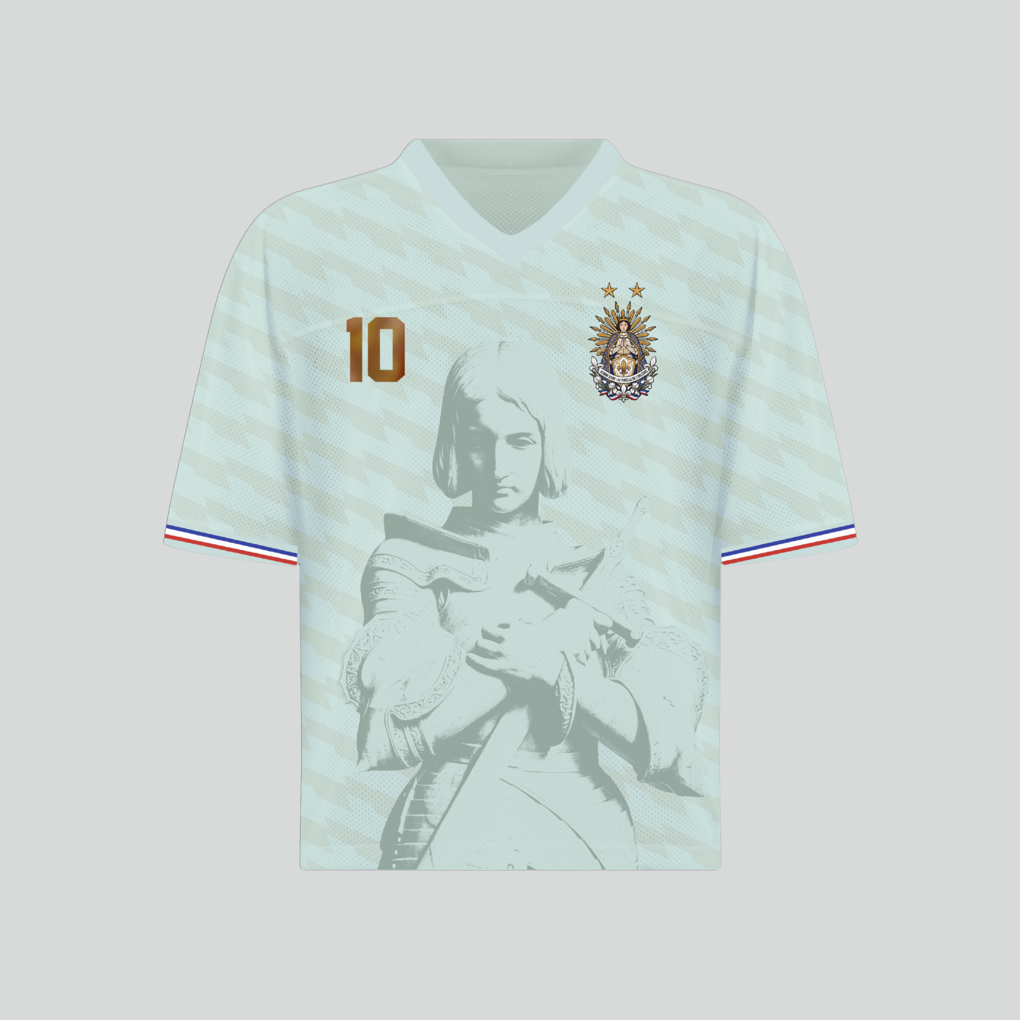 Front and back view of France 2026 away jersey in white with Joan of Arc graphics and bronze gold number 10