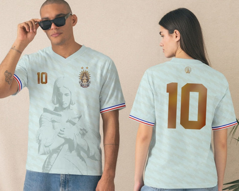 Front and back view of France 2026 away jersey in white with Joan of Arc graphics and bronze gold number 10