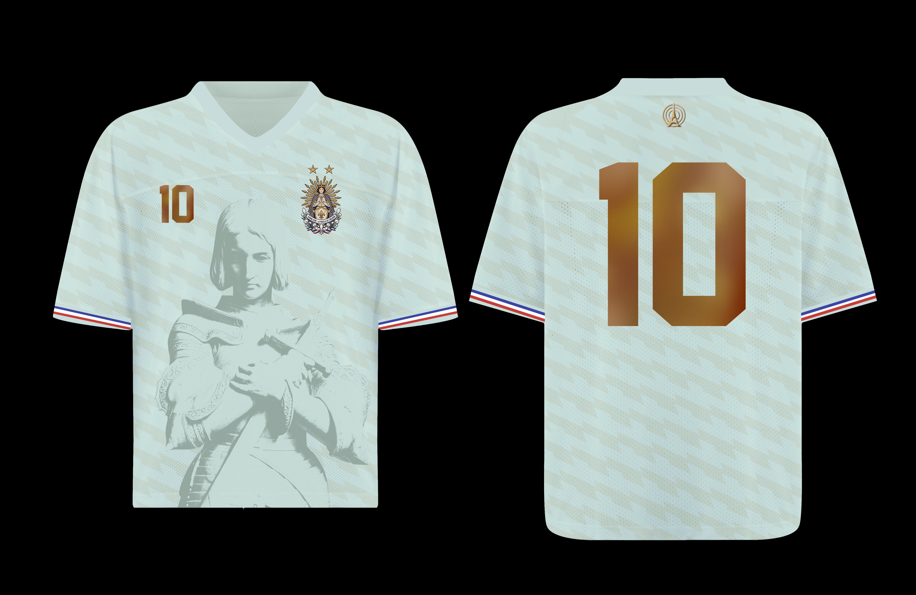 Front and back view of France 2026 away jersey in white with Joan of Arc graphics and bronze gold number 10