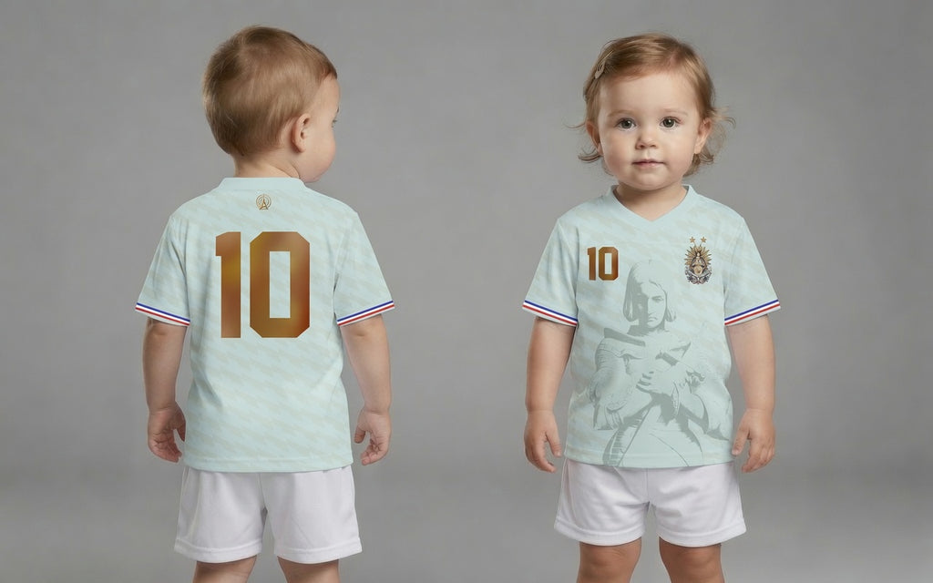 Front and back view of France 2026 away jersey in white with Joan of Arc graphics and bronze gold number 10