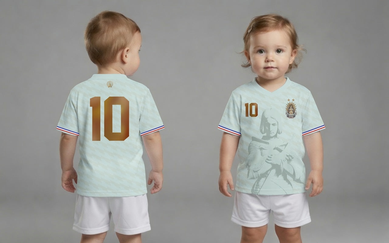 Front and back view of France 2026 away jersey in white with Joan of Arc graphics and bronze gold number 10