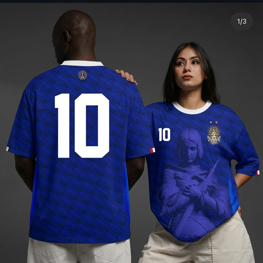 Front and back view of France 2026 home jersey in blue with Joan of Arc graphics and sublimated diagonal patterns
