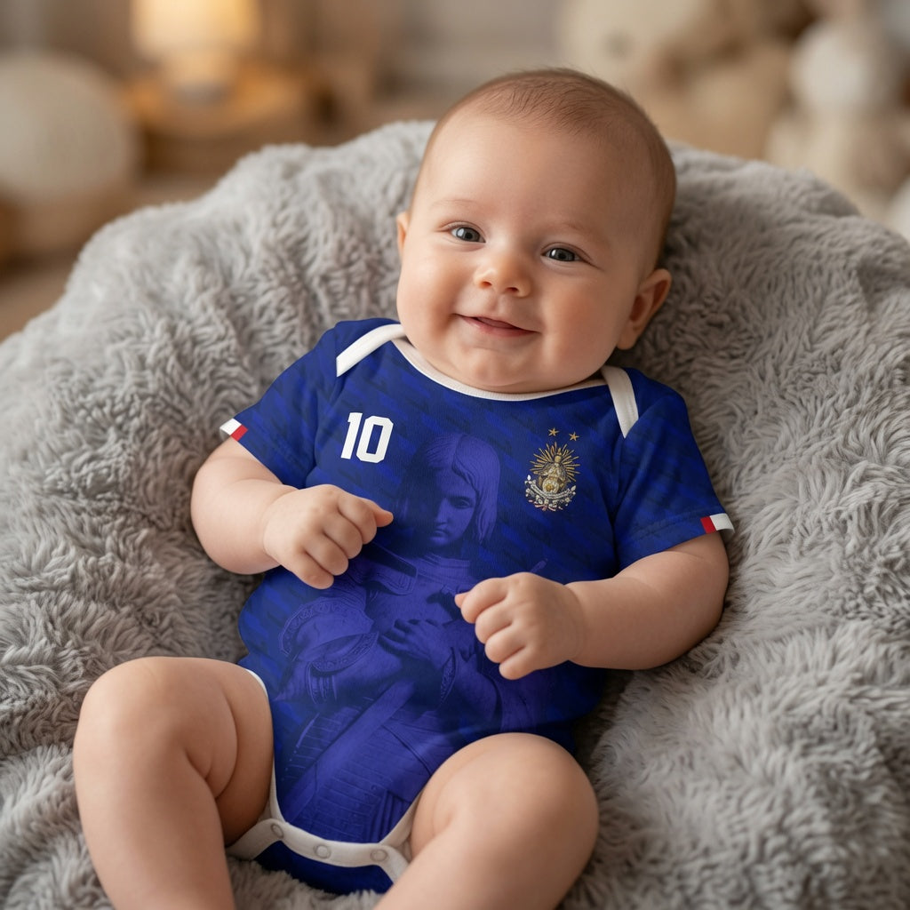 Front and back view of France 2026 home jersey in blue with Joan of Arc graphics and sublimated diagonal patterns